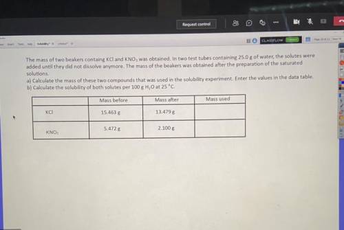 The mass of two beakers containing KCI and KNO3 was obtained. In test two tubes containing 25.0g of