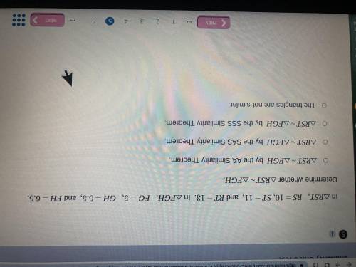 In RST, RS=10, ST=11, and RT=13. In FGH, FG=5, GH=5.5 , and FH=6.5. Determine whether RST~FGH