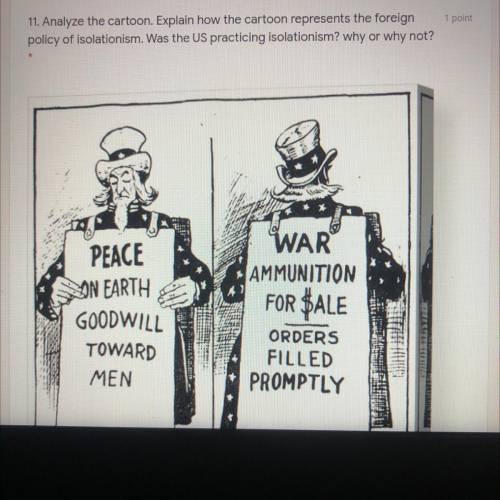 1 point

11. Analyze the cartoon. Explain how the cartoon represents the foreign
policy of isolati