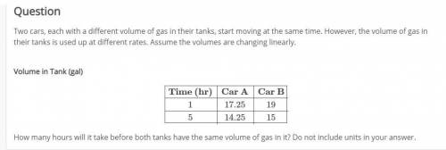 Requesting help on a math problem

Two cars, each with a different volume of gas in their tanks, s