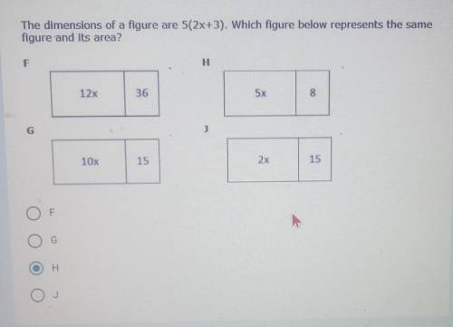 The dimensions of a figure are 5(2x+3). Which figure below represents the same figure and its area?