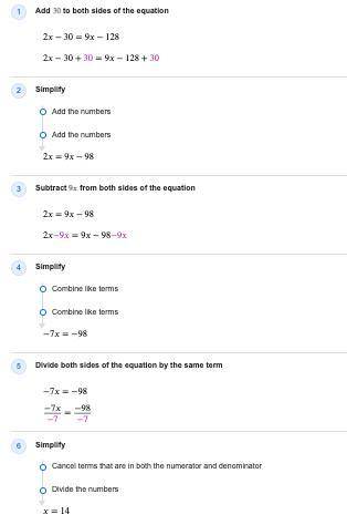 2x - 30 = 9x - 128
Find the value of x