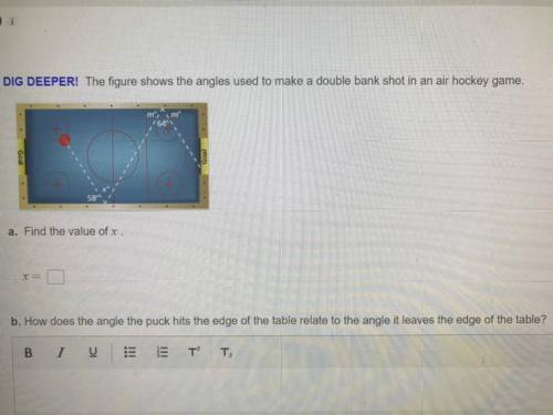The figure shows the angles used to make a double bank shot in an air hockey game. Find the value o