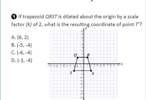 If trapezoid QRST is dilated about the origin by a scale factor (k) of 2, what is the resulting coo