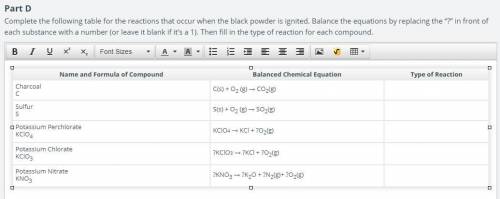 Complete the following table for the reactions that occur when the black powder is ignited. Balance