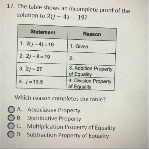 17. The table shows an incomplete proof of the

solution to 20 - 4) = 19?
Statement
Reason
1. 21)