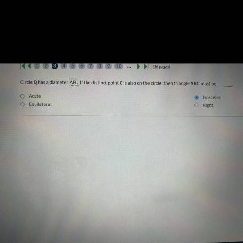 Circle Q has a diameter AB. If the distinct point C is also on the circle then triangle ABC must be