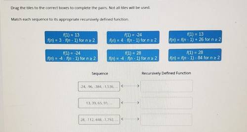 Match each sequence to its appropriate recursively defined function. f(1) = 13 f(n) = 3 fin - 1) fo