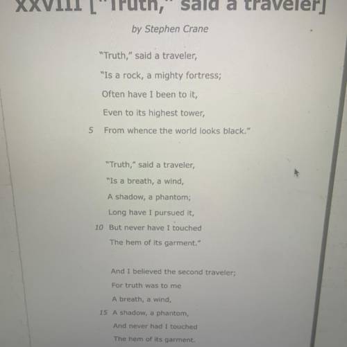 Read lines 6 and 7 from the poem.

Truth, said a traveler,
Is a breath, a wind,
Why does the po
