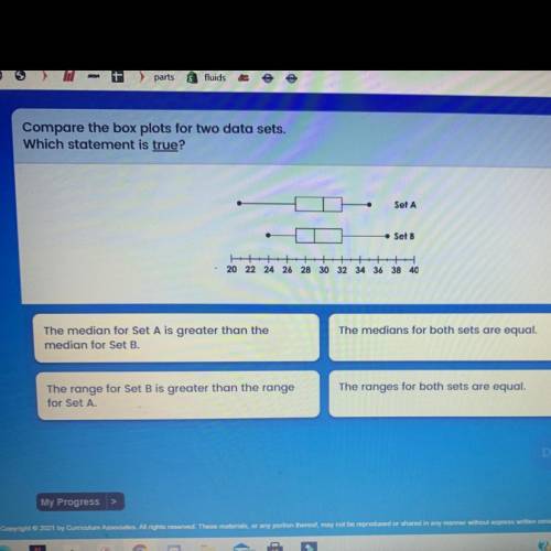 Compare the box plots for two data sets.
Which statement is true?