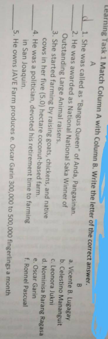 Match column A. with column B. write the letter of the correct answer

​