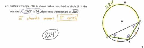 22. Isosceles triangle EFG is shown below inscribed in circle 0. If the measure of ZGEF is 34°, dete