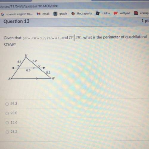 Given that UV = VW = 5.2, TU = 4.1, and TV||SW, what is the perimeter of quadrilateral
STVW?