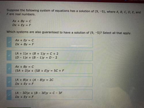 Suppose the following system of equations has a solution of (9,-5)), where A, B,C, D, E, and F are