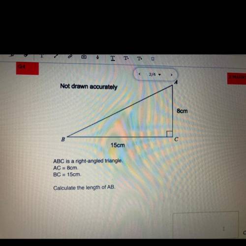 ABC is a right-angled triangle.
AC = 8cm.
BC 15cm
Calculate the length of AB.
