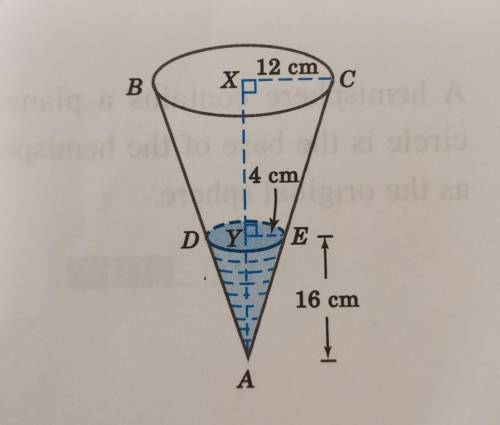 The figure shows a vessel in the shape of an inverted right circular cone. The vessel contains some
