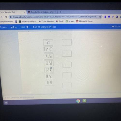 drag the tiles to the correct box. Arrange the matrices in increasing order of their determinant va