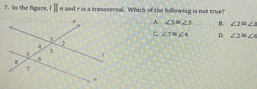 In the figure, l || n and r is a transversal. Which of the following is not true?