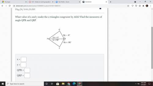 What value of x and y makes the 2 triangles congruent by ASA? Find the measures of angle QPR and QR