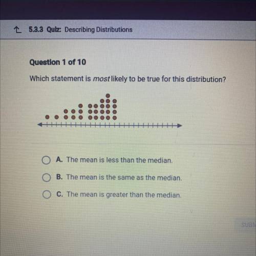 Which statement is most likely to be true for this distribution?

OO
O A. The mean is less than th