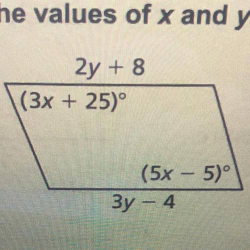 (Geometry) Find the values of x and y that make the quadrilateral a parallelogram.