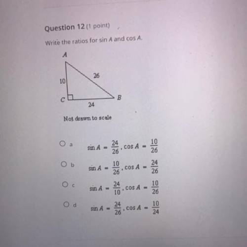 Write the ratios for sin A and cos A.