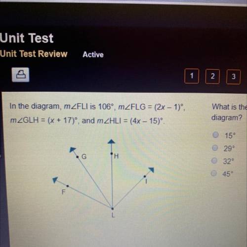 What is the measure of the smallest angle in the
diagram?
15°
299
32°
45°