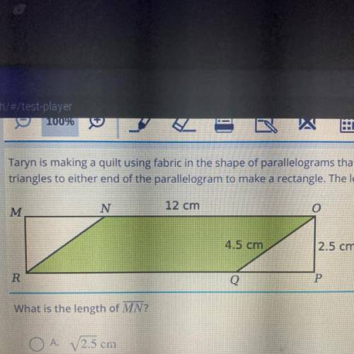 Taryn is making a quilt using fabric in the shape of parallelograms that have side lengths of 12 cm