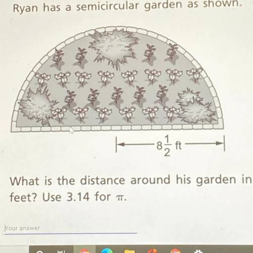 Ryan has a semicircular garden as shown. If the radius is 8 1/2 what is the distance around his gar
