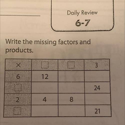 Write the missing factors and
products.
X
2
3
6
12
24
2
8
21