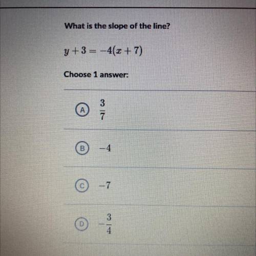 What is the slope of the line?
y +3= -4(x+7)
Choose 1 answer