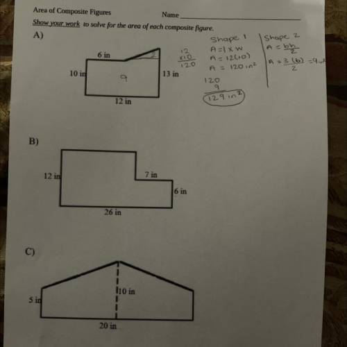Show work to solve for the area of each composite figure
