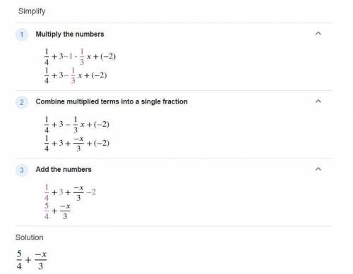 Which expression is equivalent to 1/4 + 3 - 1/3x + (-2)​