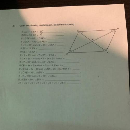 8.)
Given the following parallelogram, identify the following.