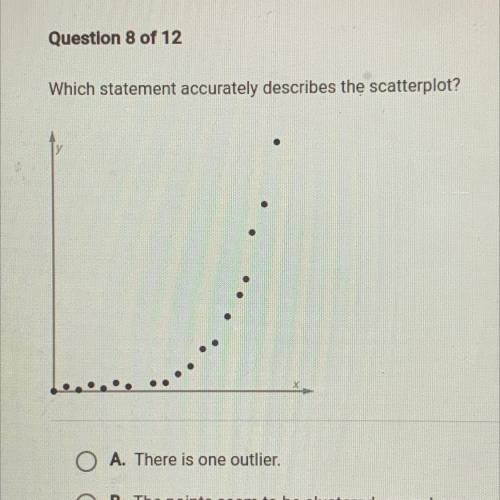 Which statement accurately describes the scatterplot?

A. There is one outlier.
B. The points seem