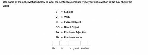 S = Subject

V = Verb
IO = Indirect Object
DO = Direct Object
PA = Predicate Adjective
PN = Predic