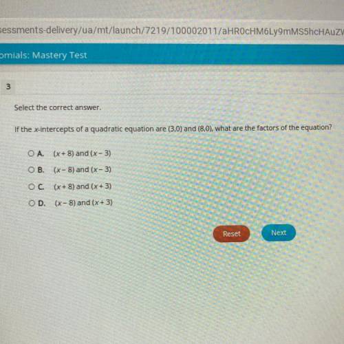 Select the correct answer.

If the x-intercepts of a quadratic equation are (3,0) and (8,0), what