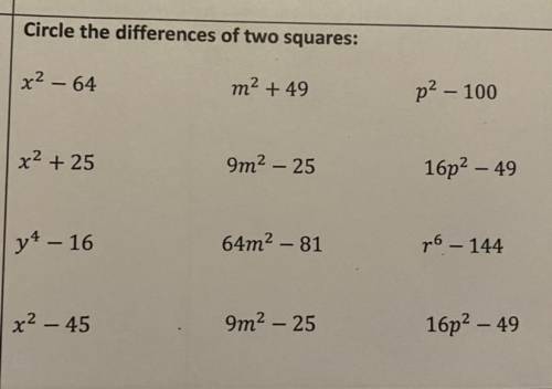 Circle the differences of two squares