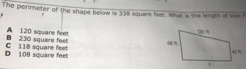 The perimeter of the shape below is 338 square feet. What is the length of side F?