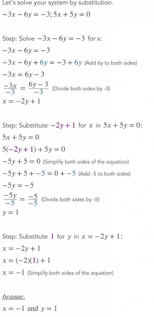 Solve each system by elimination.
1) –3x – 6y= -3
5x + 5y=0