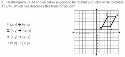 Parallelogram JKLM shown below is going to be rotated 270 degrees clockwise to create J'K'L'M'. Whi