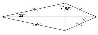 HELP DUE IN 10 MINS!

Find the value of x and y in the kite below.
x=?? degrees
y=?? degrees