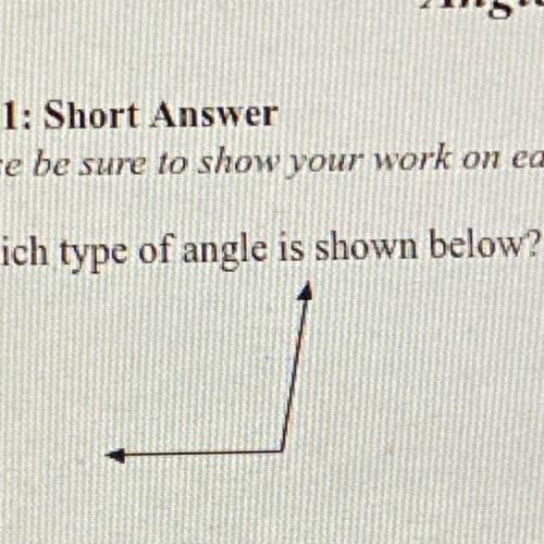 Please be sure to show your work on each problem.

1. Which type of angle is shown below?
Type: