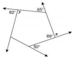 HELP DUE IN 10 MINS!

What are the values of x and y for the irregular pentagon below.
x =?? degre