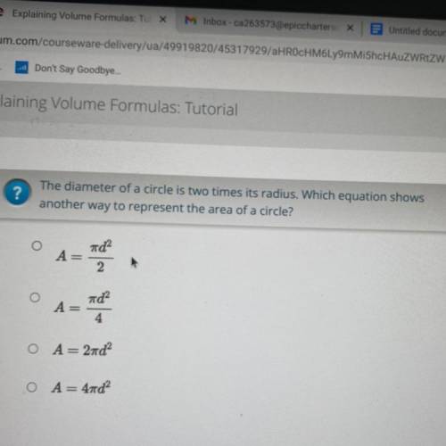 ?

The diameter of a circle is two times its radius. Which equation shows
another way to represent