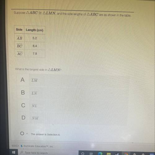 Suppose triangle ABC is congruent to triangle LMN and the side le this of triangle ABC at shown in