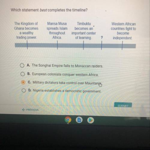 3.5.2 Test (CST): Africa

Question 3 of 16
Which statement best completes the timeline?
Tribute