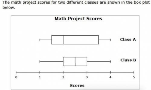The math project scores for two different classes are shown in the box plot below.

(the picture)