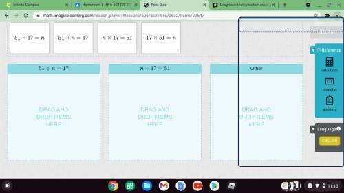 Drag each multiplication equation to show an equivalent division equation.