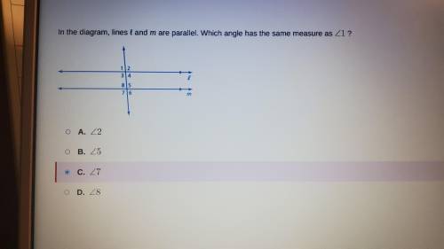 In the diagram, lines l and m are parallel. Which angle has the same measure as Angle 1